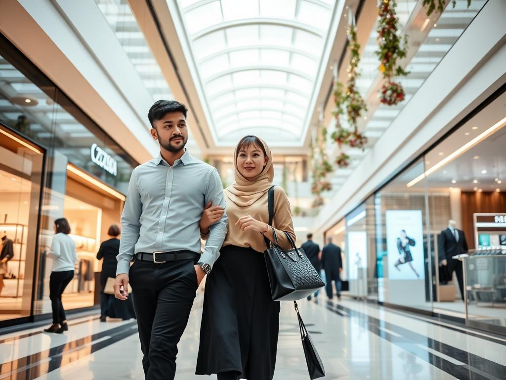Couple shopping in a luxury Jakarta mall, demonstrating appropriate public behavior in jakarta dating culture