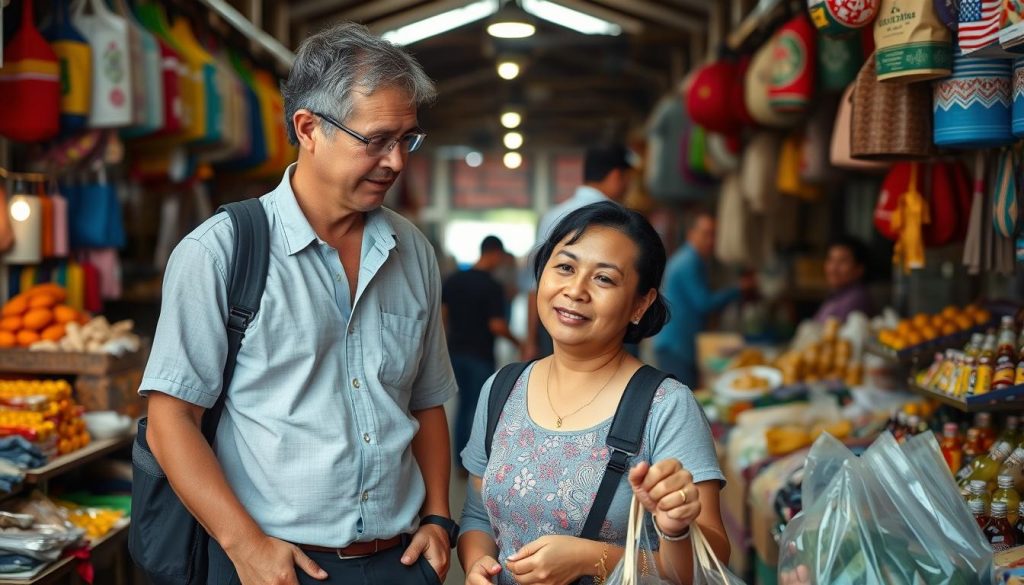 Couple shopping together in Cambodian market