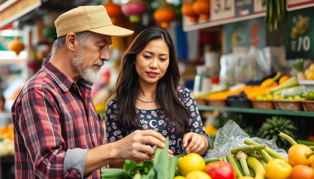 Couple shopping together in Vietnam market, showing long-term cost of dating in Vietnam