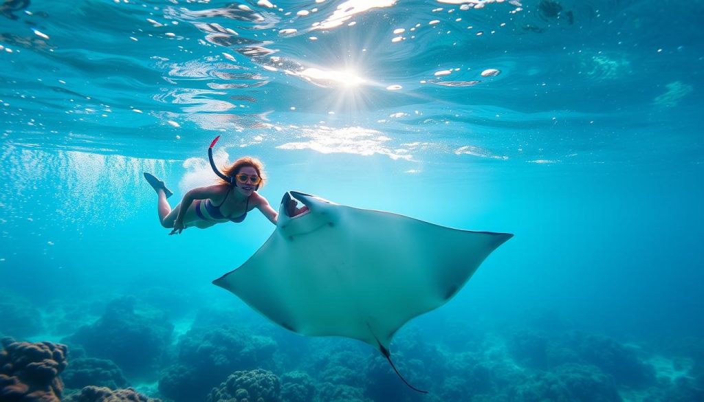 Couple snorkeling with manta rays in Nusa Penida