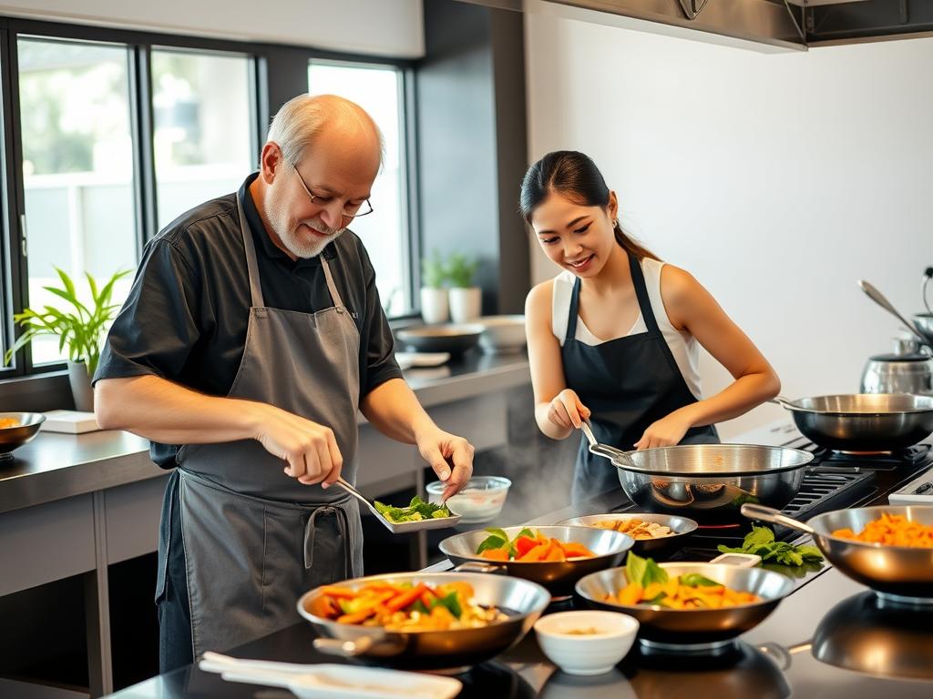 Couple taking a Thai cooking class in Phuket, learning to make local dishes