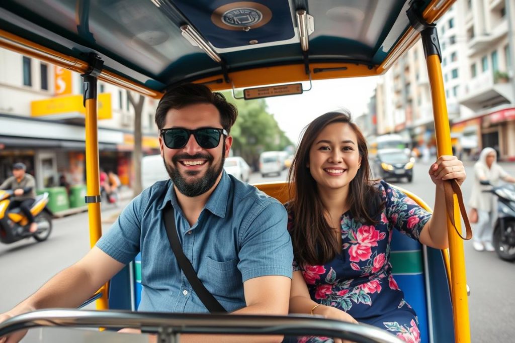 Couple taking a tuk-tuk in Bangkok, representing transportation costs when dating in Thailand