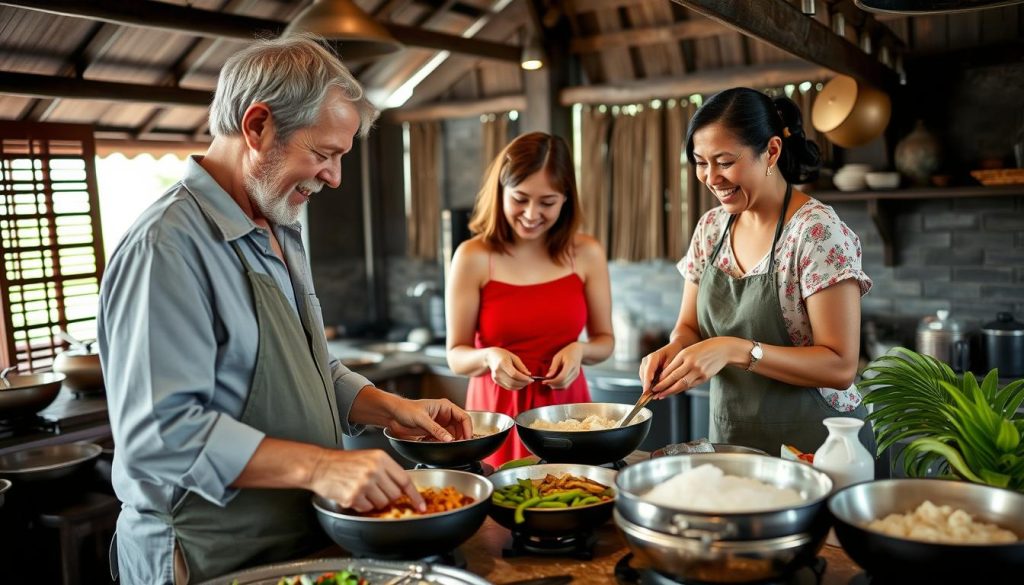 Couple taking cooking class in traditional Balinese kitchen