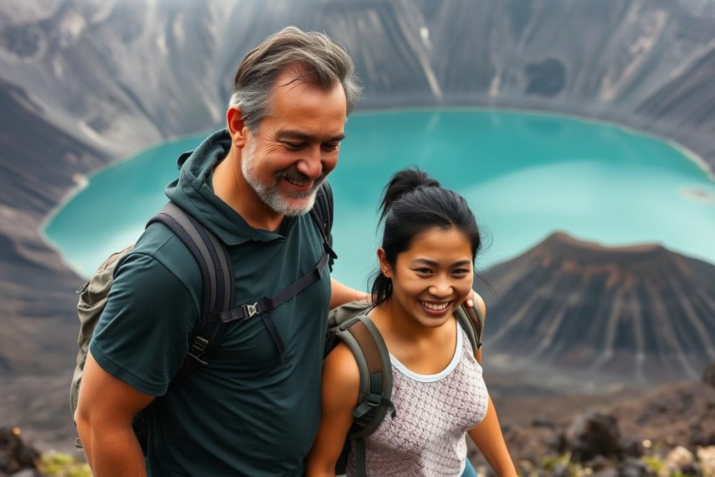 Couple trekking to Mount Pinatubo crater lake - adventurous things to do in Philippines