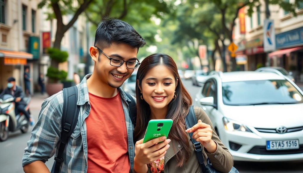 Couple using Grab app to book a ride in Ho Chi Minh City