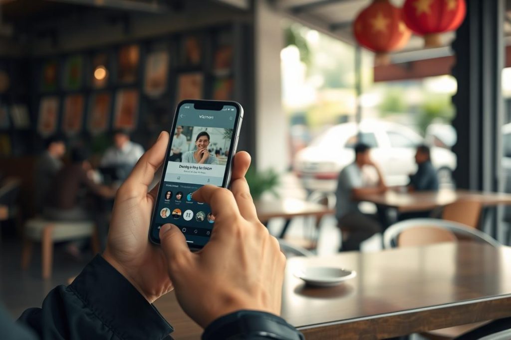 Couple using dating app on smartphone, representing modern aspects of Vietnamese dating culture