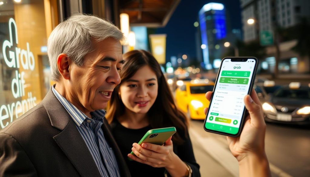 Couple using the Grab app to book transportation in Manila