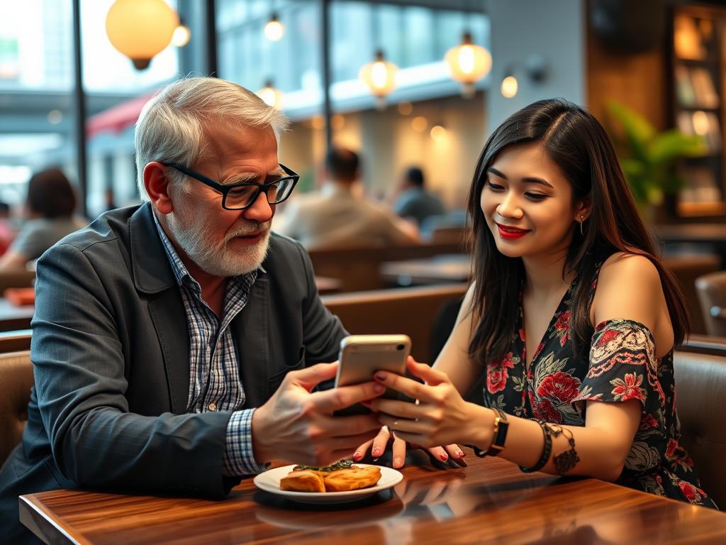 Couple using translation app to communicate while on a date in Bangkok