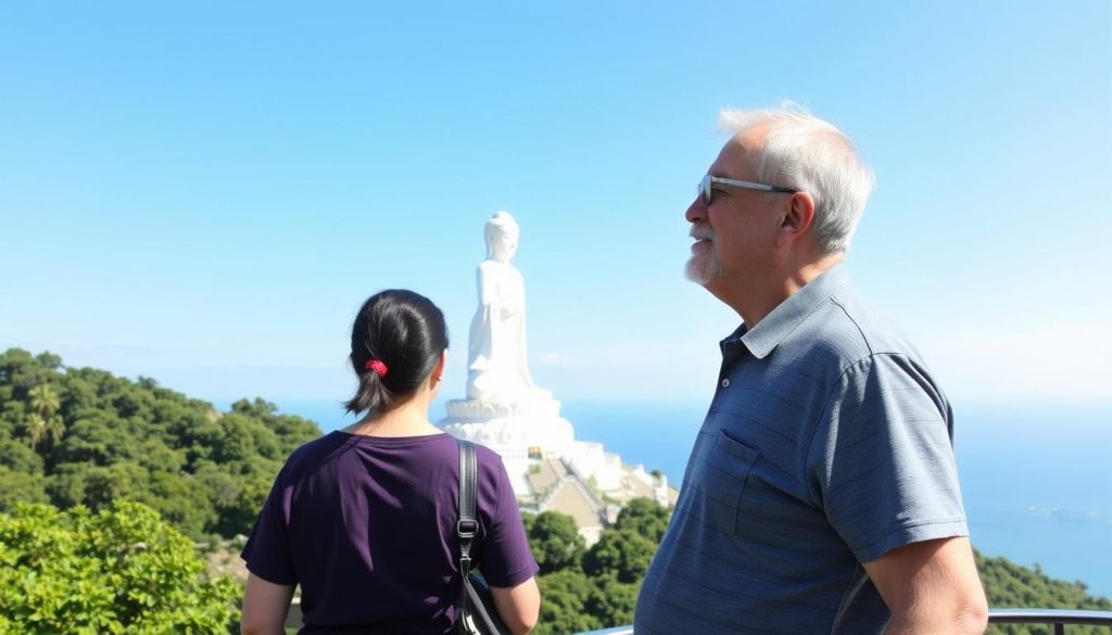 Couple visiting Lady Buddha statue on Son Tra Peninsula