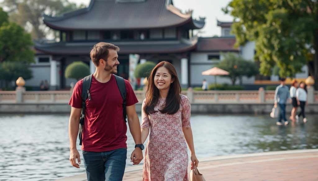 Couple walking around Hoan Kiem Lake in Hanoi, representing moderate cost of dating in Vietnam