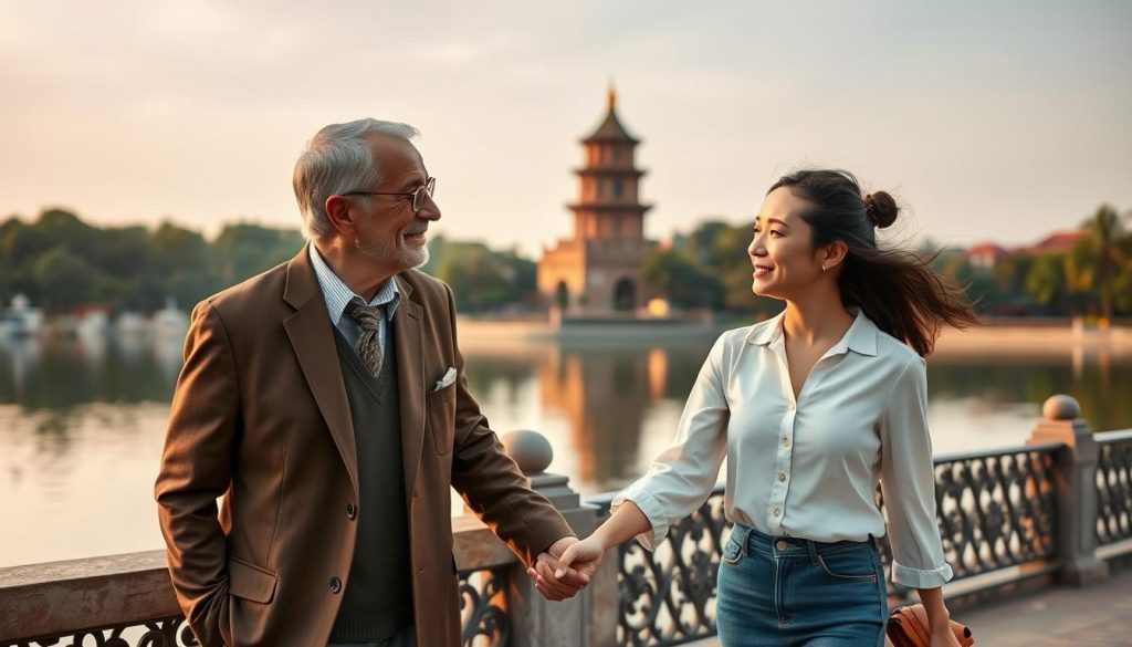 Couple walking hand in hand around Hoan Kiem Lake with Turtle Tower visible in the background