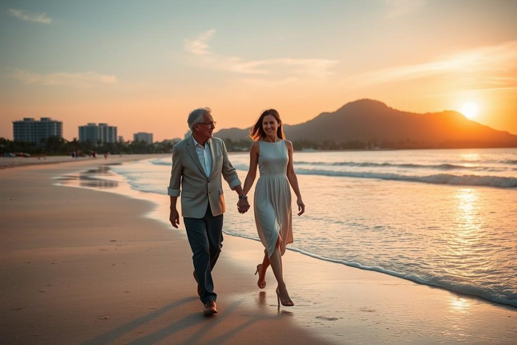 Couple walking on My Khe Beach in Da Nang at sunset - romantic things to do in Vietnam