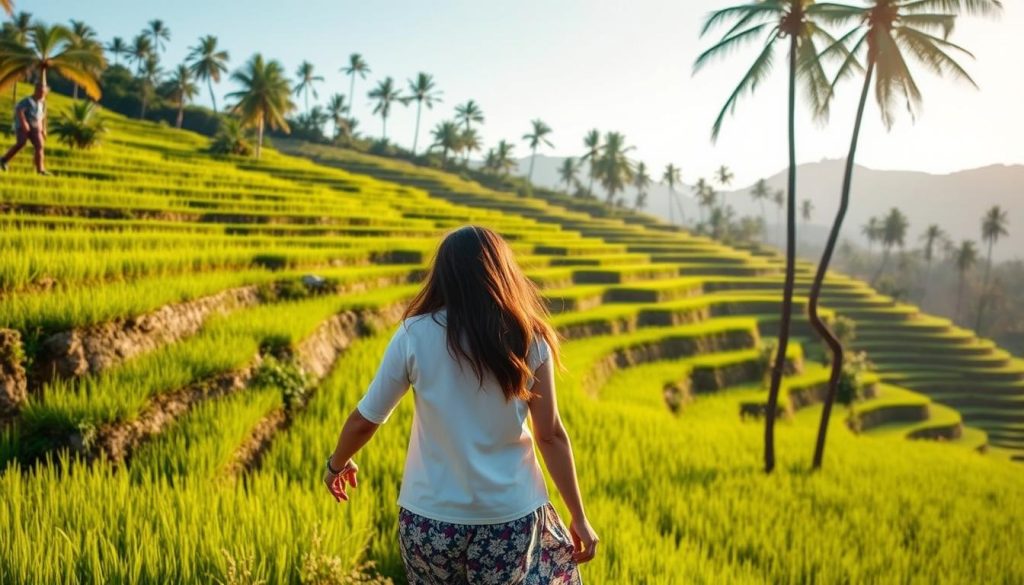 Couple walking through Tegalalang Rice Terraces in Bali
