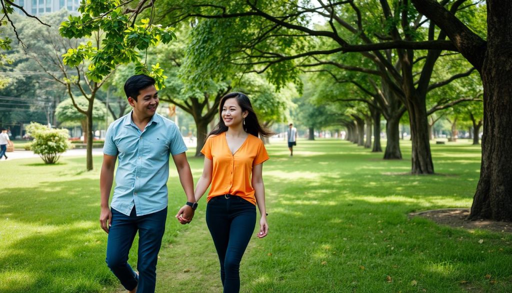 Couple walking through a park in Ho Chi Minh City