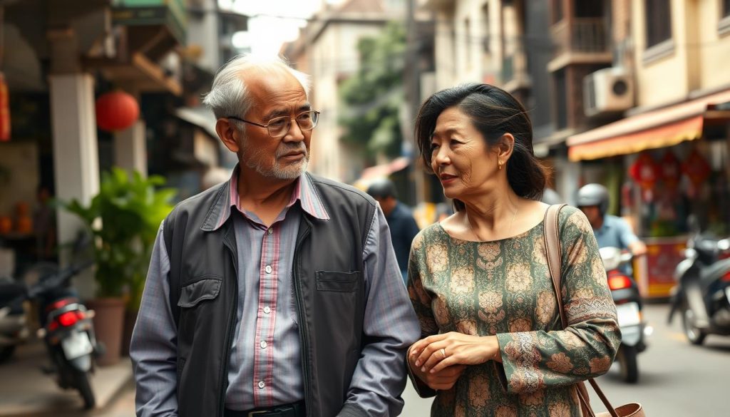 Couple walking together in Hanoi Old Quarter, representing successful navigation of Vietnamese dating culture