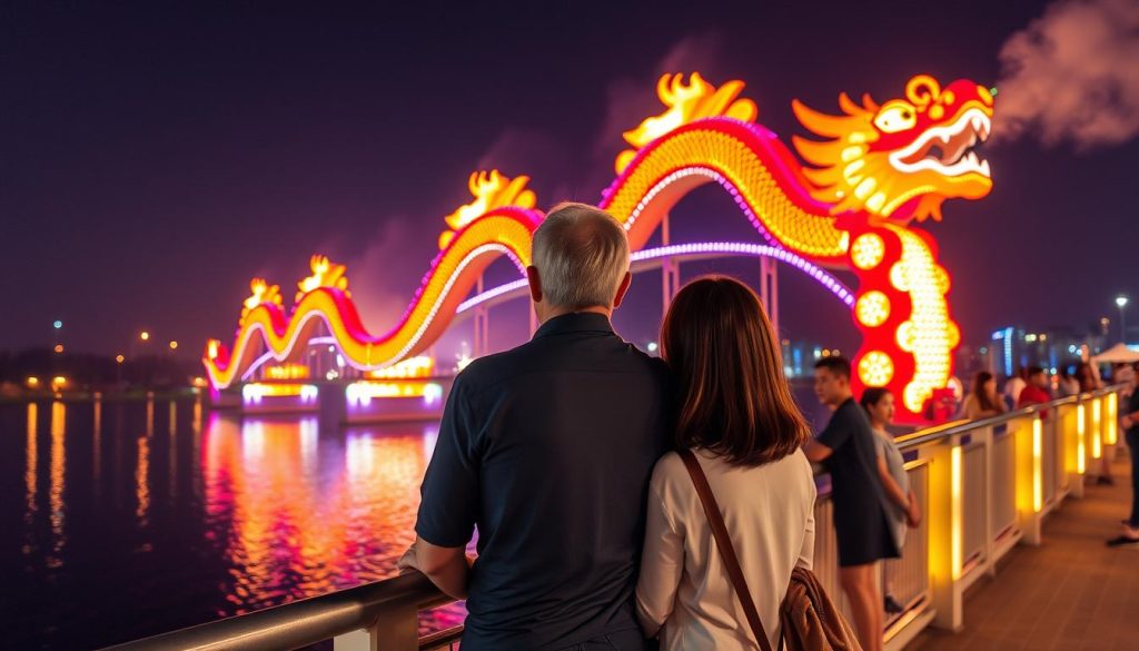 Couple watching Dragon Bridge fire show in Da Nang