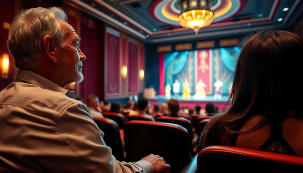 Couple watching a traditional Vietnamese cultural performance in an elegant theater setting