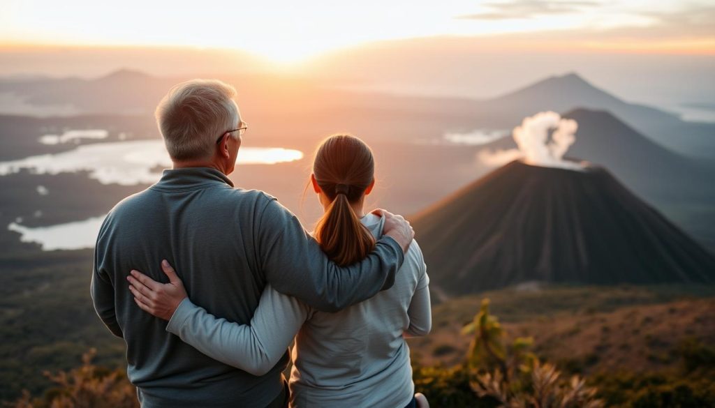 Couple watching sunrise from Mount Batur summit in Bali