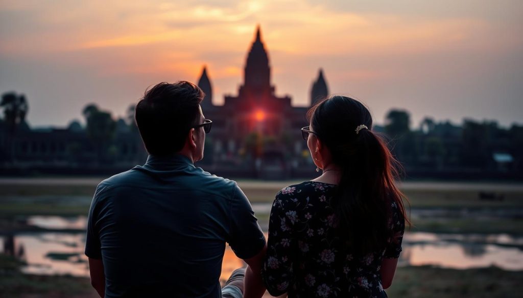 Couple watching sunset at Angkor Wat after meeting on dating app