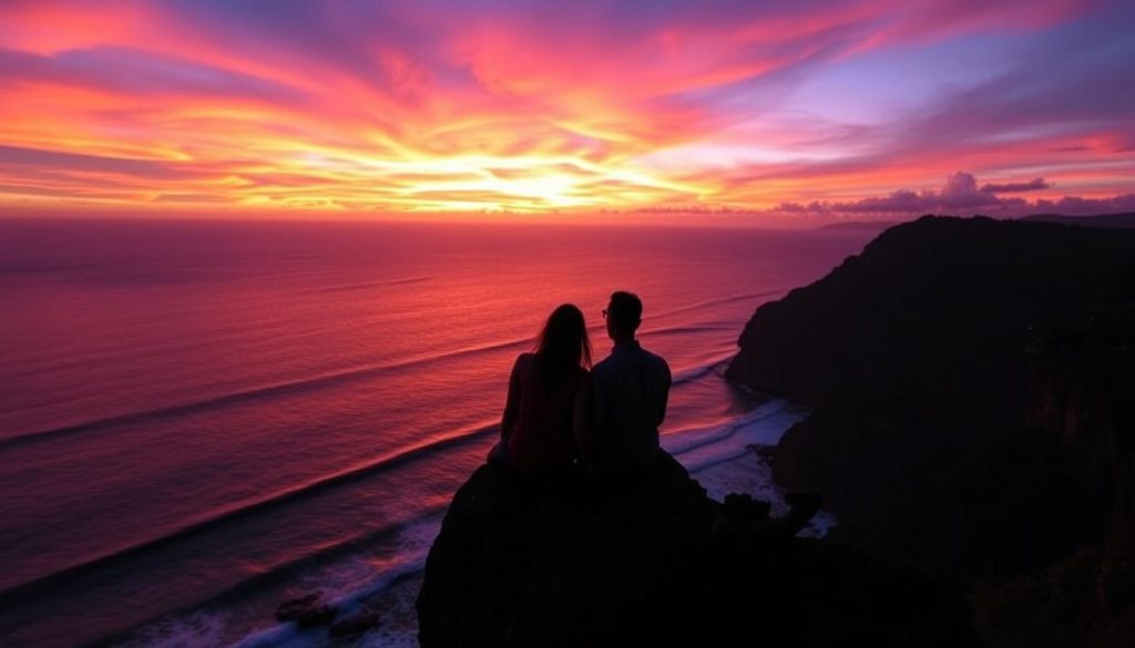 Couple watching sunset from Uluwatu cliff, representing the memorable experiences of dating in Bali regardless of budget