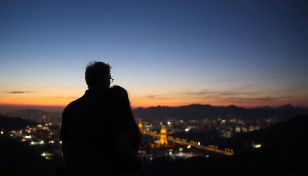 Couple watching sunset over Chiang Mai from a viewpoint