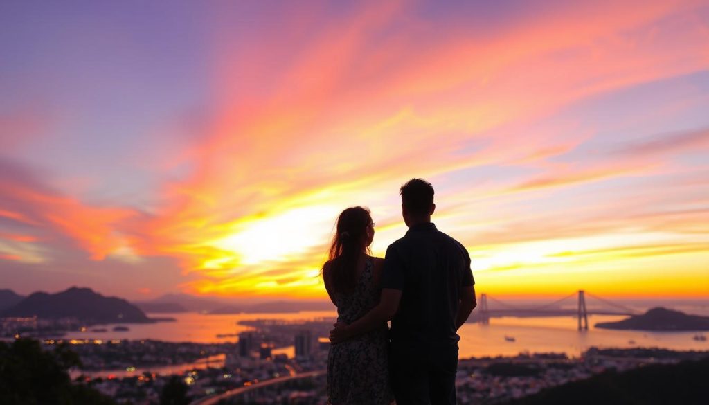 Couple watching sunset over Da Nang Bay from a viewpoint