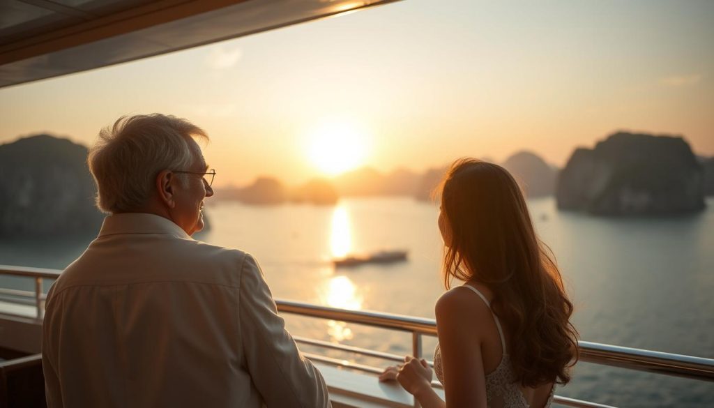 Couple watching sunset over Ha Long Bay from a luxury cruise ship deck - perfect ending to things to do in Vietnam