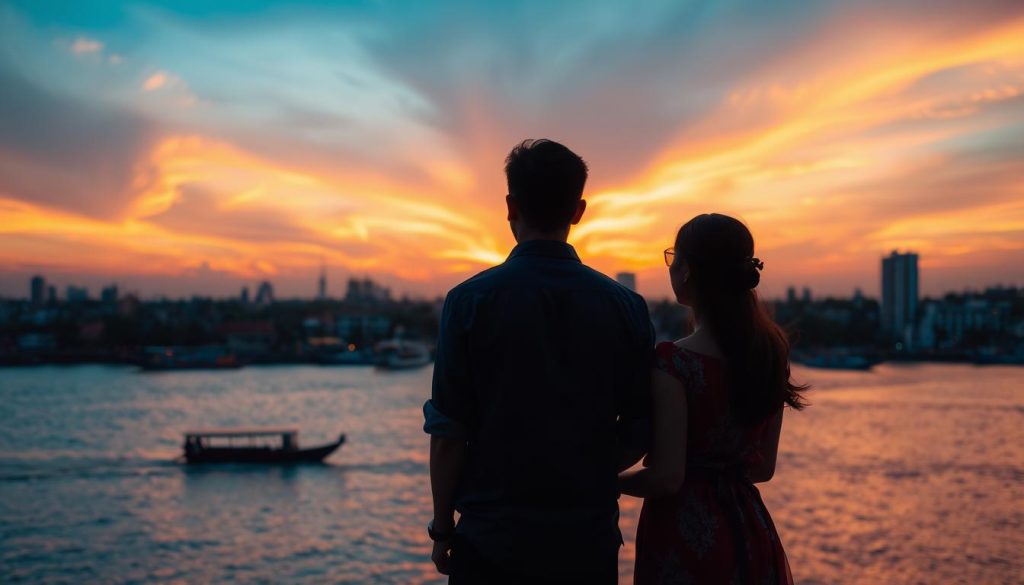 Couple watching sunset over Mekong River in Phnom Penh