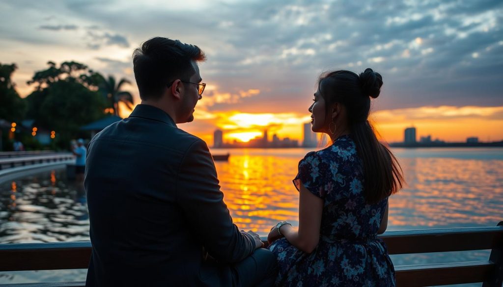 Couple watching sunset over Mekong River in Phnom Penh, representing successful cross-cultural relationship