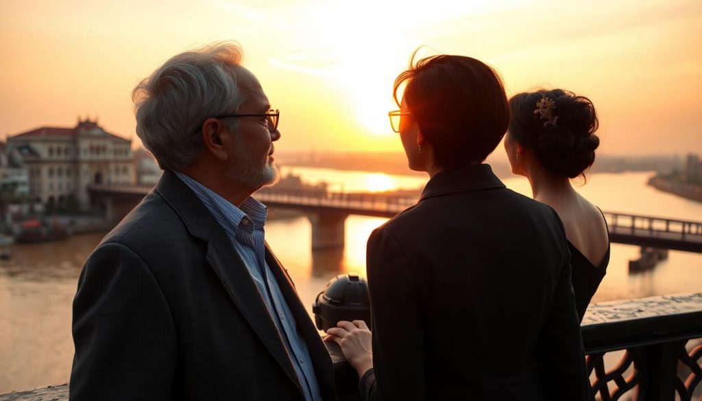 Couple watching the sunset from Long Bien Bridge with views of the Red River