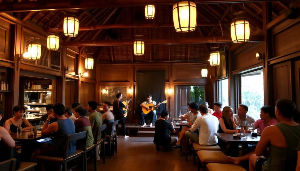 Cozy bar in Ubud with live acoustic music and intimate seating