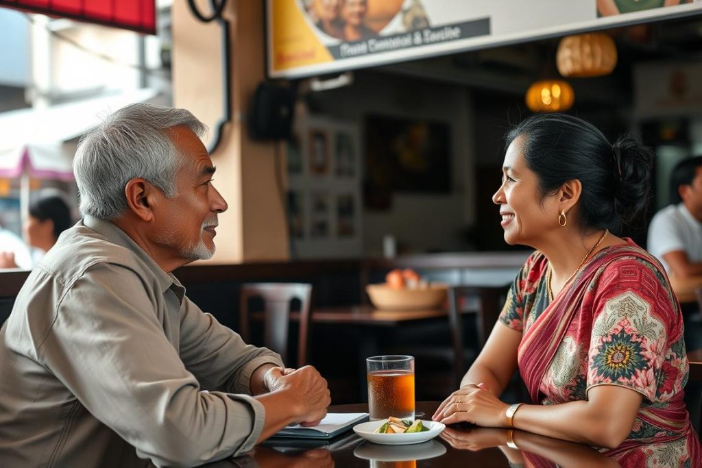 Cross-cultural communication between Western man and Cambodian woman showing respectful interaction