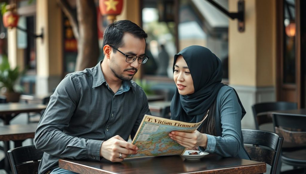 Cross-cultural couple navigating Vietnamese dating culture through respectful communication