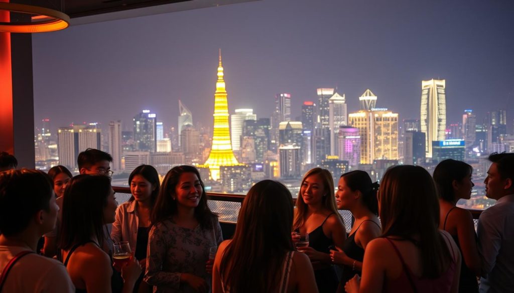 Diverse group enjoying Bangkok nightlife with city lights in background Diverse group enjoying Bangkok nightlife with city lights in background