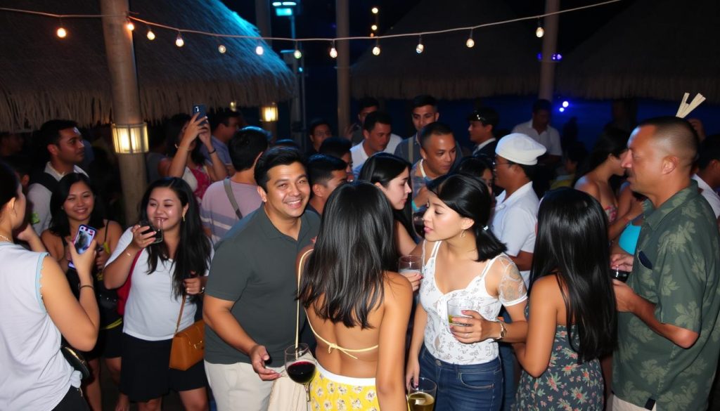 Diverse social gathering at a Bali beach club showing different social groups interacting