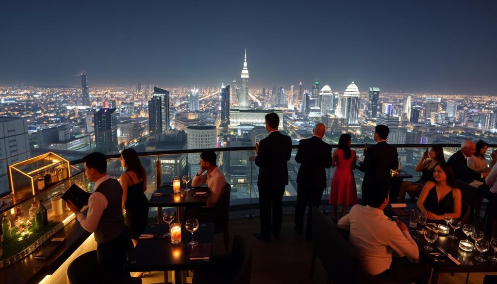 Elegant SCBD rooftop bar with Jakarta skyline views and well-dressed patrons