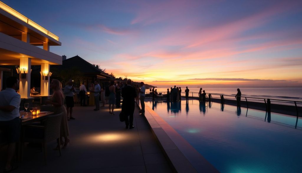 Elegant beachfront bar in Seminyak with well-dressed patrons enjoying sunset cocktails