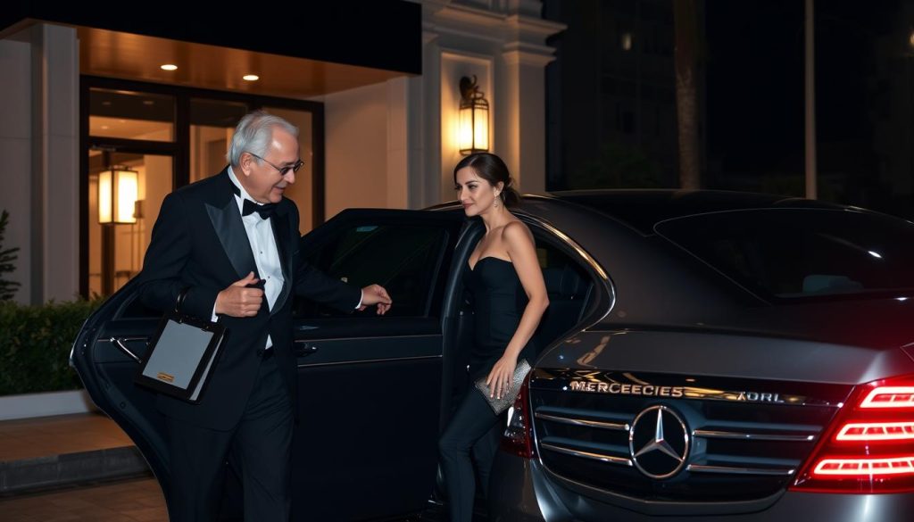 Elegant couple arriving at a luxury venue in Phnom Penh via private car service