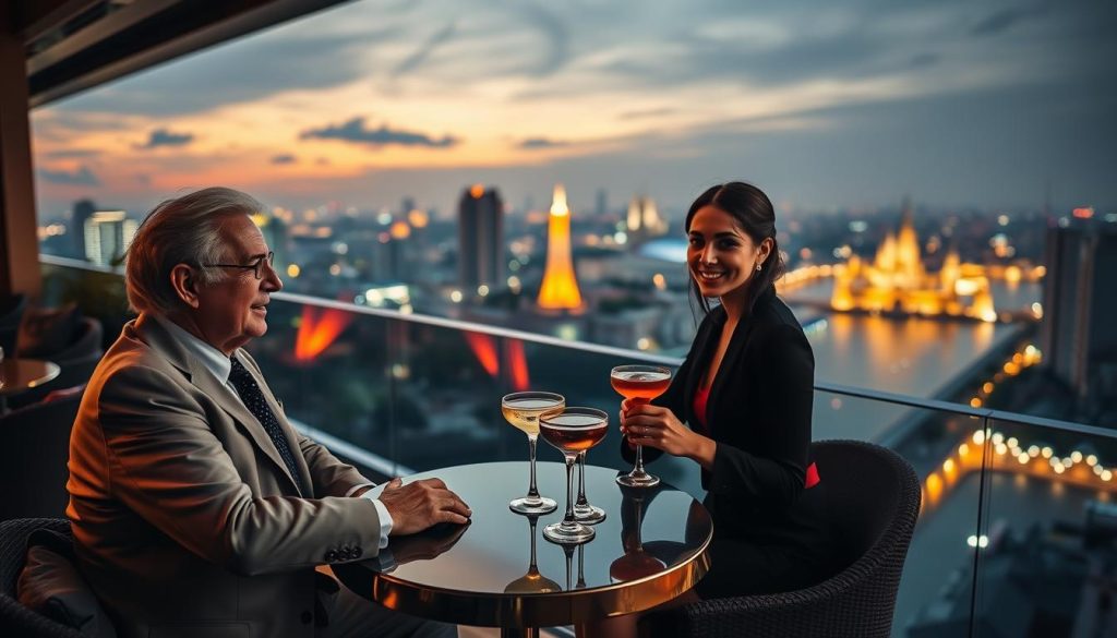 Elegant couple enjoying cocktails at a luxurious rooftop bar overlooking Phnom Penh at night