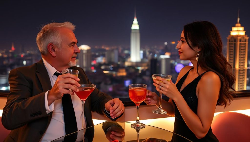 Elegant couple enjoying cocktails at a luxurious rooftop bar with panoramic views of Hanoi at night
