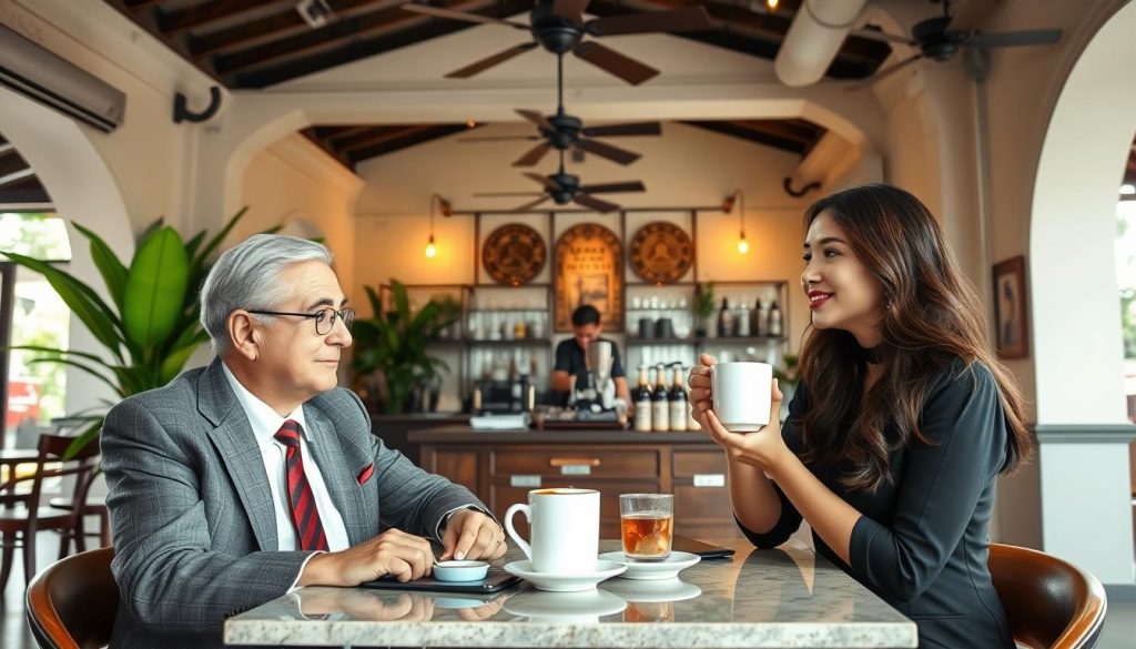 Elegant couple enjoying coffee at a sophisticated café in Phnom Penh