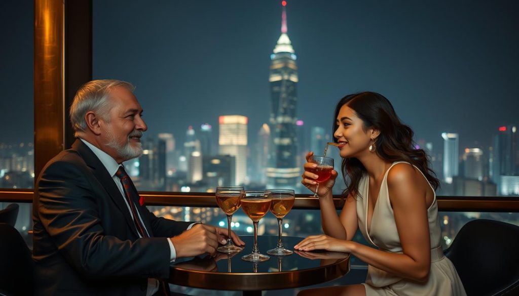 Elegant couple enjoying drinks at a rooftop bar overlooking Ho Chi Minh City at night