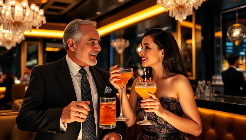 Elegant couple enjoying drinks at an upscale bar in Jakarta's SCBD area