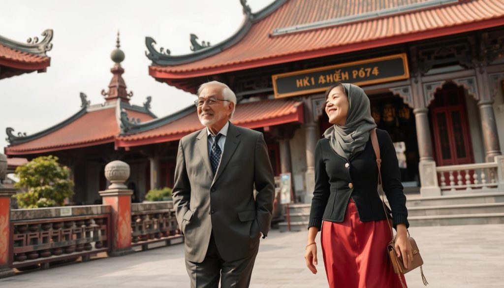 Elegant couple exploring a traditional Vietnamese temple with respectful attire - cultural things to do in Vietnam