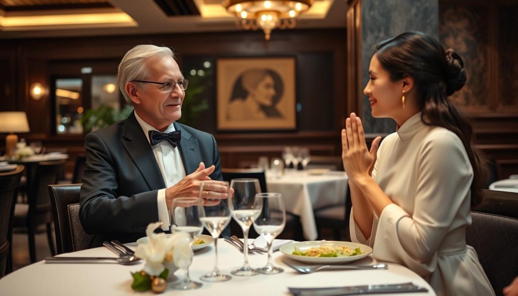 Elegant couple respectfully greeting Cambodian hosts with traditional sampeah gesture