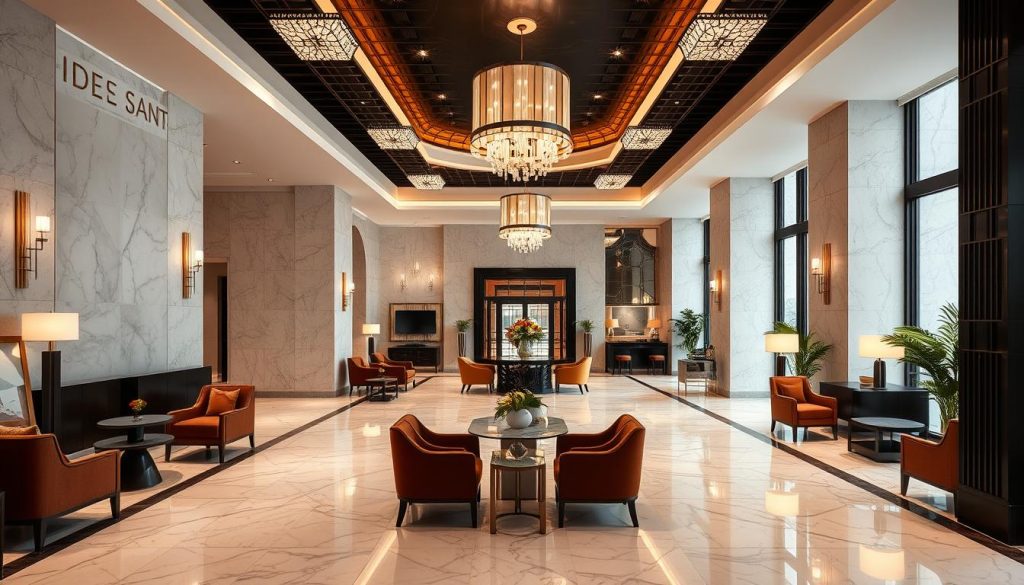Elegant lobby of Hotel des Arts Saigon with art deco design elements - luxury base for things to do in Vietnam