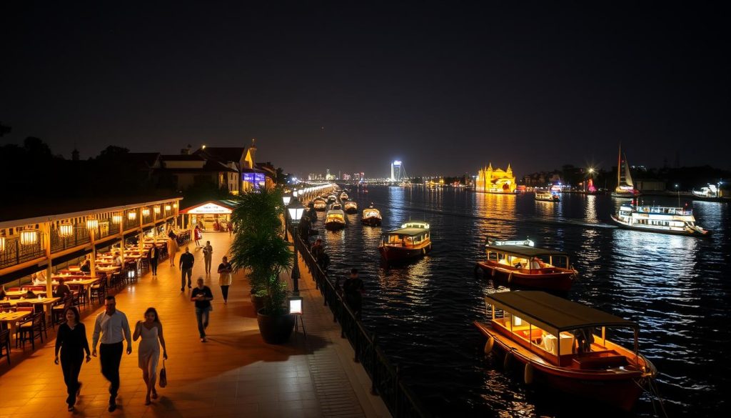 Elegant nighttime view of Sisowath Quay riverside in Phnom Penh with illuminated promenade