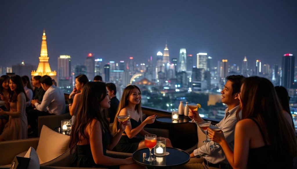 Elegant rooftop bar in Bangkok with city skyline view at night Elegant rooftop bar in Bangkok with city skyline view at night
