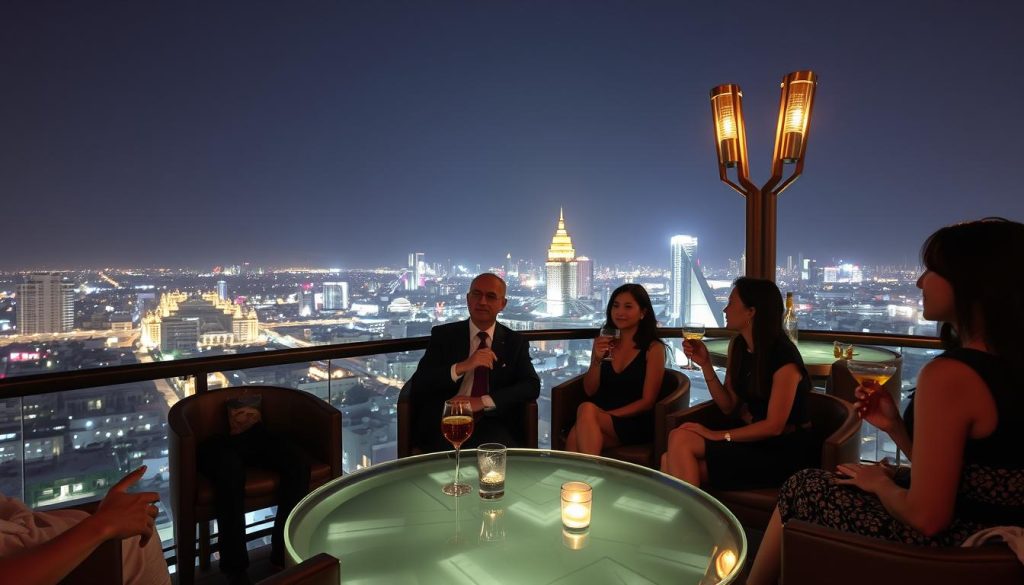 Elegant rooftop bar in Phnom Penh with city skyline views and well-dressed patrons enjoying cocktails