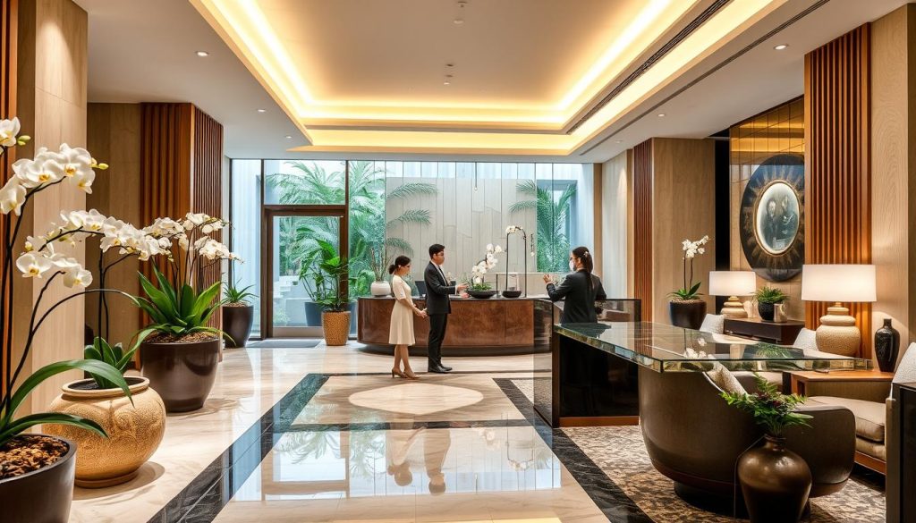 Elegant spa reception area in Ho Chi Minh City with couples being welcomed
